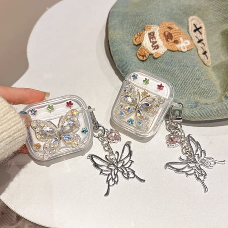 女子力高い Airpods 4ケース ダイヤ蝶 Airpodspro2/proカバー  Airpods3/2 チョウキーホルダー めっちゃ可愛い 丈夫[M5043]