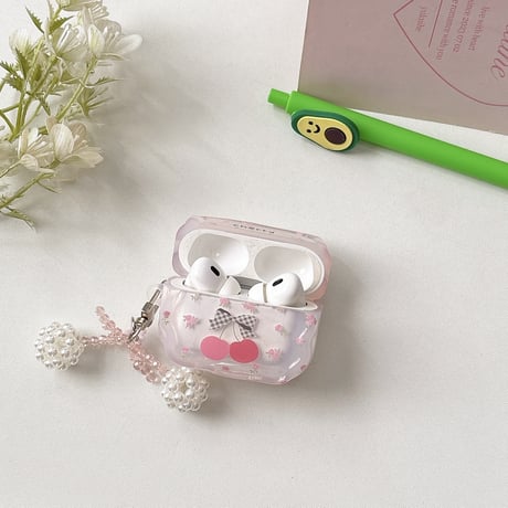 女子力アップ Airpods4ケース チェリー パールキーホルダー AirpodsPro2ケース airpods3/2カバー 可愛いすぎ うねうね 頑丈[M5404]