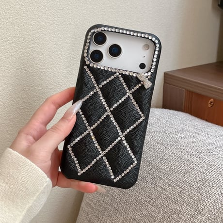 高級感ビジュー iPhone17Pro/17ケース キルティングデザイン 菱形 iPhone16/15promax/14/13proカバー ダイヤリボン 上品 オトナ可愛い [M6034]