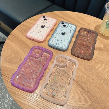 うねうね iPhone15/15proケース キラキラグリッター入り iPhone14pro/13/SE3カバー ウェーブ型 クリアケース 落下防止[M3732]