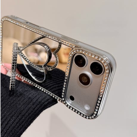 ジュエリーラインミラー iPhone17Pro/17ケース ダイヤハートミラーリングスタンド iPhone17Promax/16Pro/15ケース かわいい 多機能便利[M6173]