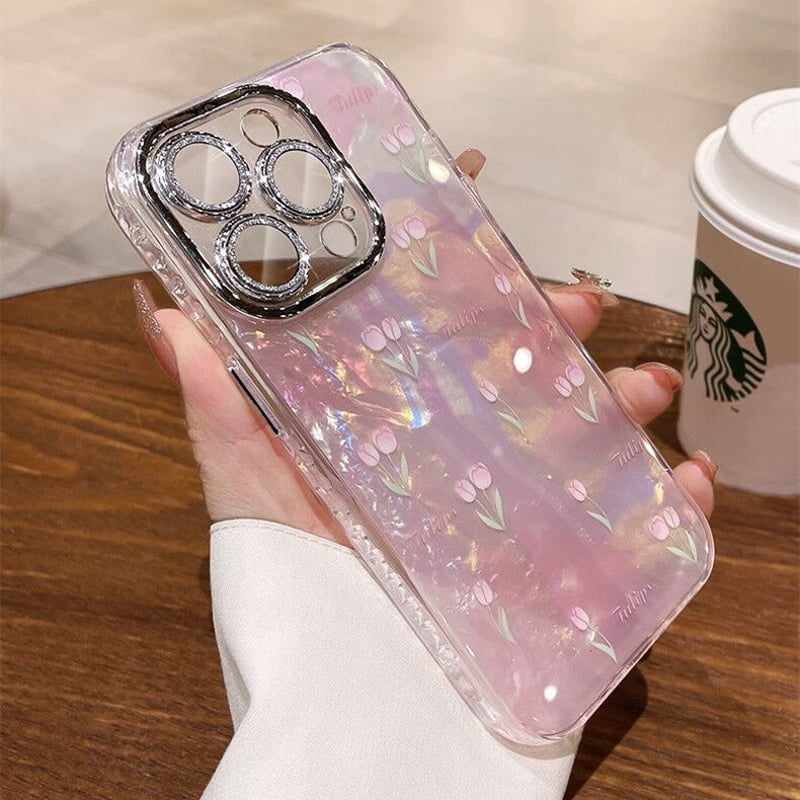 ピンク iPhone15/15proケース シェル風 チューリップ キラキラ ピンク iPhone15/15proケース シェル風 チューリップ キラキラ