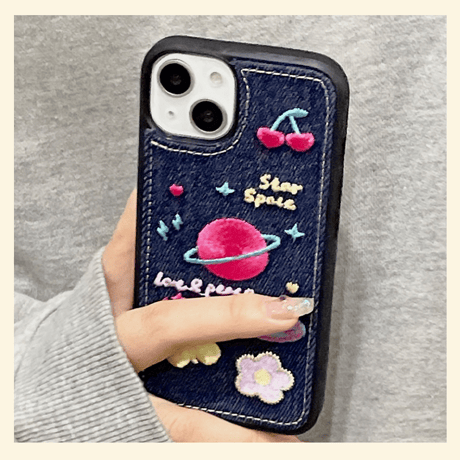 刺繡 星 花 iPhone14/14proカバー  デニム素材  アイフォン13/12/11ケース  可愛い 高品質  高級感  [M2250]