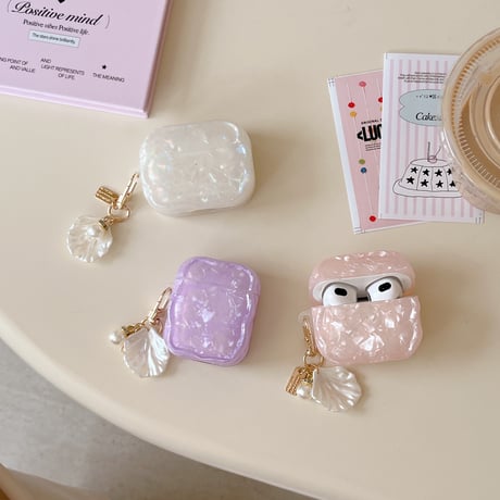 シェル柄 Airpods 4ケース 淡色系 貝殻キーチェーン Airpods3/Pro2ケース airpodsproカバー 大人可愛い トレンド人気[M5166]