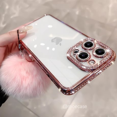毛玉付 ジュエリーiPhone15/15proケース 女子に大人気 キラキラ アイフォン14/13/12カバー 高級感 カメラ保護[M3798]