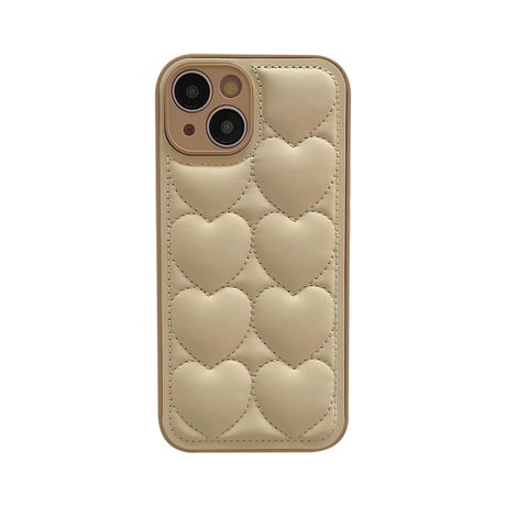 ハート柄ダウンっぽい iphone15/15Proケース もこもこハートグリップ iphone14/13Pro/12カバー キルティング トレンド感 ギフト最適[M3743]