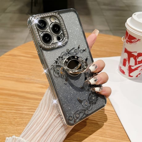 ジュエリー リング付 iPhone15/15proケース  薔薇柄  キラキラiphone13/12/14proカバー きれい 高機能 [M3846]