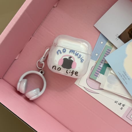 no music no life Airpods Pro3/4ケース ヘッドホンキーホルダー付 AirpodsPro2/Pro1カバー  エアポッズ3/2  かっこいい ギフトに最適 [M6420]