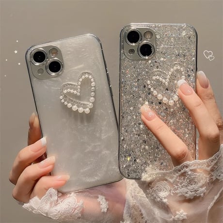 パールハート iPhone15/15Proケース  シェル風/グリッター入り iPhone14Pro/13promaxカバー 丈夫 高級感 お洒落[M4009]