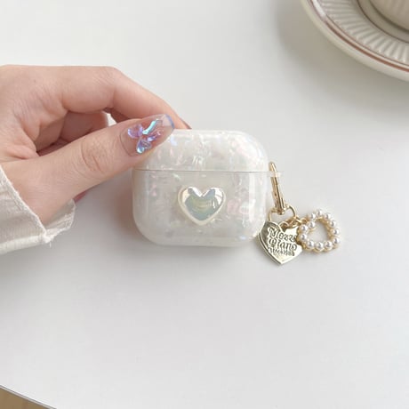 【Airpods4】キラキラハート AirpodsPro2ケース 貝殻紋 airpods3/2/1ケース  オシャレハートアクセサリー付 ソフト ギフトに最適 [M2595]