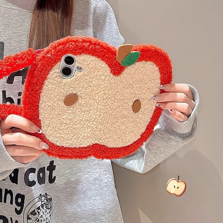 リンゴ手帳型 iphone16/16proケース  ストラップ付 ニット iphone15pro/14/13proケース 可愛い 女子力高い [M5030]