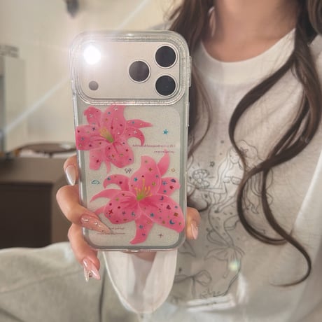 キラキラピンク花 iPhone17pro/17ケース 透明感 iPhone16promax/15pro/14ケース  女子力高い 可愛い[M6188]