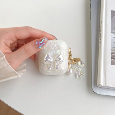【Airpods 4】キラキラリボン AirpodsPro2ケース 貝殻紋 airpods3/2/1ケース  オシャレリボンアクセサリー付 ソフト ギフトに最適 [M2676]