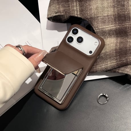 メイク直し鏡 iPhone17Pro/17ケース スタンド機能 革製 iPhone16Pro/15promax/14ケース 高級感高品質 [M6079]