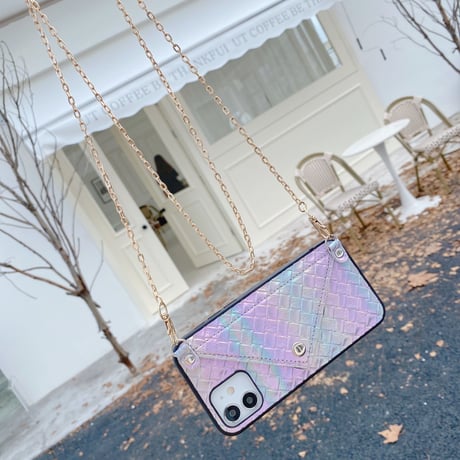 カード入れ付 iPhone13/13proケース  首掛けチェーン付 アイフォン12 /11カバー  グラデーションカラーM999