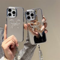 ミラー iPhone16e/16proケース ジュエリーリボン iPhone15pro/14/SEカバー  可愛いパールストラップ 高級感[M5220]