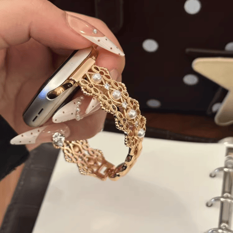 レーストリムデザイン アップルウォッチバンド パール  AppleWatchブレスレット Series11/10/9/8 SE3/2 40/41/42mm 高級感高品質 透かし彫り[M6253]