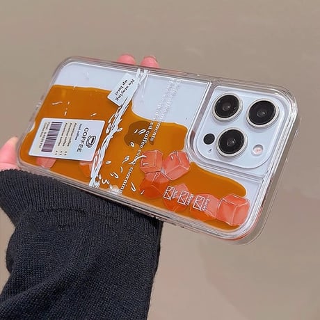 液体コーヒー iPhone15/15proケース 動く氷入り iPhone14/13pro/12クリアケース ストレス発散 頑丈[M4311]