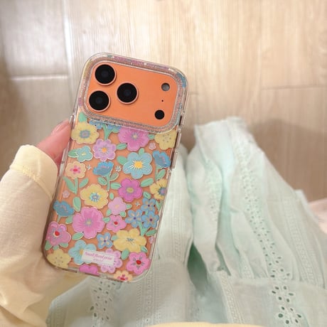 カラー花 iPhone17pro/17ケース キラキラ感 iPhone16promax/15proケース 花ストラップ 女子力高い[M6214]