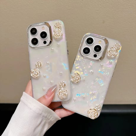 花パール iPhone15/15proケース  キラキラ シェル風 iphone14/13/12proカバー 綺麗 女子力アップ [M4039]