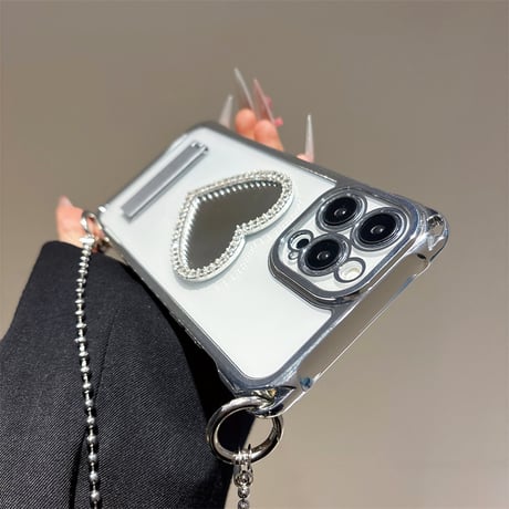 ジュエリーハートミラー アイフォン16pro/15ケース スタンド付 ショルダーストラップ付 iPhone14/13pro/12カバー 大人可愛い 多機能[M5240]