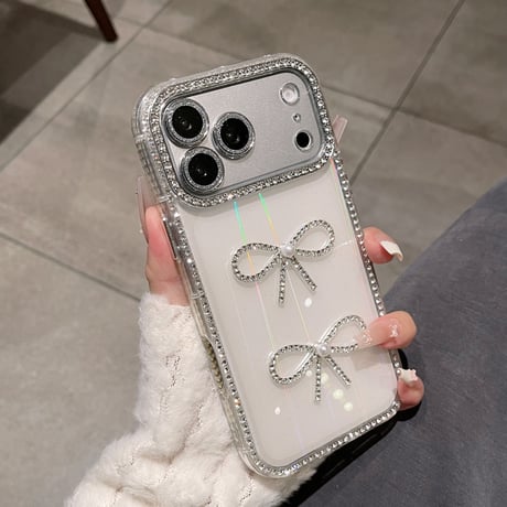 キラキラ光る iPhone17/17Proケース ジュエリーライン リボンデコ iPhone16Pro/15pro/14ProMaxケース カメラ保護[M6417]