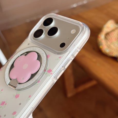 花リングスタンド iPhone17/17Proケース MagSafe対応 iPhone16Pro/15/14ケース 可愛い便利 甘めコーデ [M6423]