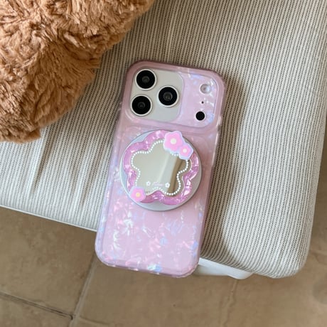 花型ミラーグリップ iPhone17Pro/17ケース MagSafe対応 シェル風 iPhone16Pro/15/14ケース 淡色系 ガーリーファッション[M6255]