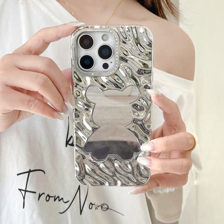 熊ミラー iPhone16pro/16カバー 艶感 iPhone15promax/14/13ケース ストーン シック おしゃれ [M5497]