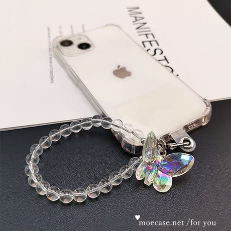 四角耐衝撃加工 透明iPhone15/14Proケース キラキラ蝶ストラップ付 iPhone13mini/12/11proクリアカバー 落下防止 シンプル オシャレ 便利[M2667]