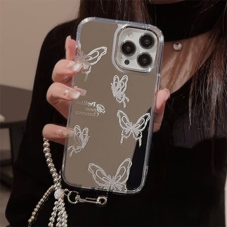 蝶 ミラー iPhone15/15proカバー リボンストラップ iPhone14promax/13pro/12カバー シルバー高級感 かわいい [M4094]