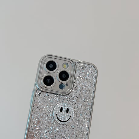 銀色 iPhone15/15proケース キラキラグリッター iPhone14/13pro/12ケース にこちゃん ストラップ付[M4300]