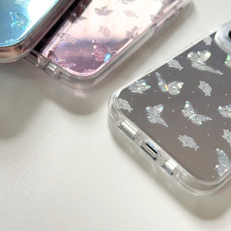 鏡付き蝶々 iPhone16pro/16ケース キラキラ 艶感 iPhone15promax/14/13proカバー 夏コーデにおすすめ [M5307]