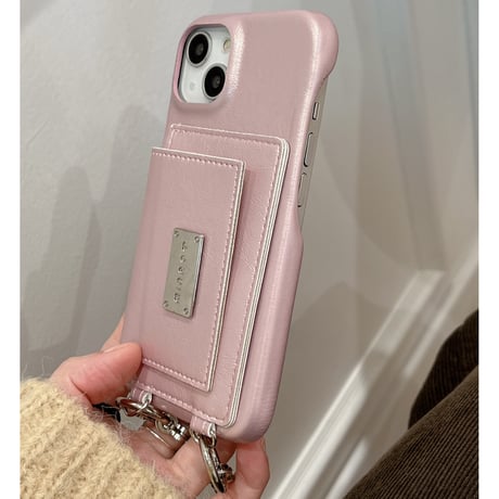 カード収納 iPhone15/15プロケース ショルダーチェーン付 ピンクiPhone14/13pro/12ケース かわいい 便利 [M4156]