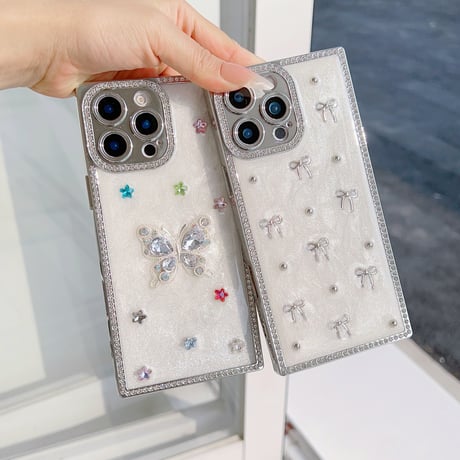 スクエア iPhone16pro/16ケース リボン/蝶 iphone15/14pro/13proカバー ジュエリー 女子力アップ 高級感[M5259]