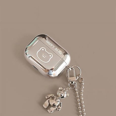 Airpods 4ケース 熊柄 チャーム付 ショルダーチェーン エアポッズPro2/Pro1カバー つや感シルバー Airpods3/2 人気品[M4706]