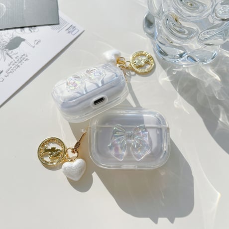 【Airpods4】キラキラリボン AirpodsPro2ケース ハートアクセサリー付 airpods3/2/1ケース  かわいい 耐衝撃クリアケース ギフトにおすすめ[M3073]