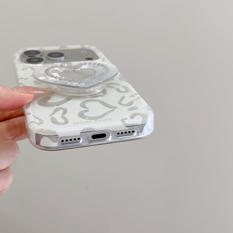 ハート型ミラーグリップ iPhone17pro/17ケース ホワイト ハート柄 iPhone16/15promaxケース かわいい 多機能便利[M6526]