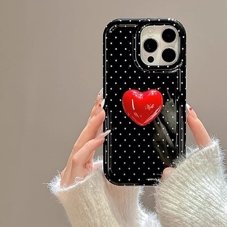 水玉模様 iphone16/16proケース  ハートグリップ iphone15pro/14/13proケース かわいい 韓国風 便利性ある[M5066]