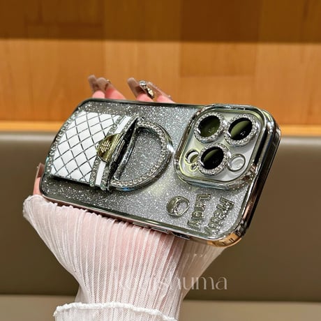 メイク鏡 iPhone16/16Proケース  バック型スタンド iPhone15Pro/14/13Proカバー 綺麗キラキラ 多機能 レンズカバー[M4673]