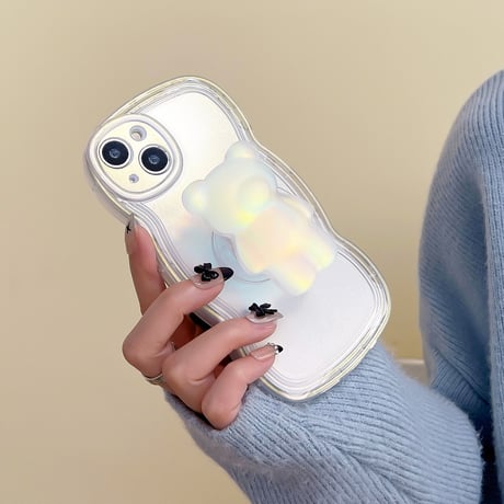 【iPhone15対応】クマさんスタンド iphone14/13proケース  クリアiphone12/11カバー 波紋枠 高級感 可愛い 実用[M2215]