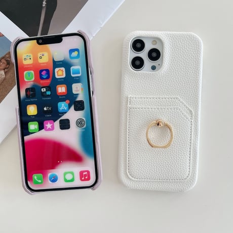 カード入れ2個 アイフォン14pro/14plusカバー リング付き iPhone13mini/12/11proケース レザー製 ハードケース  シンプル 実用 [M2545]