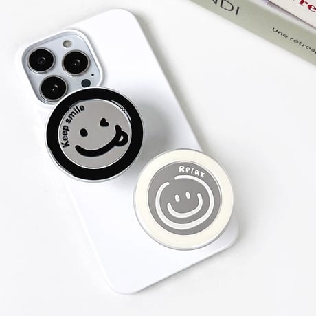笑顔ミラー 鏡スマホグリップ  お揃い シック スタンド 可愛い 粘着タイプ 可愛い 実用 全機種対応 ギフトにおすすめ[M3946]