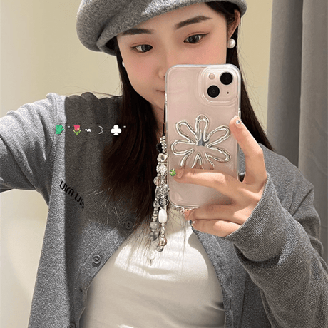 韓国風 立体花 iPhone15/15proケース 高級感ラストラップ付 iPhone14pro/13/12promaxケース 黄ばまないクリアケース コスパ高い[M4044]