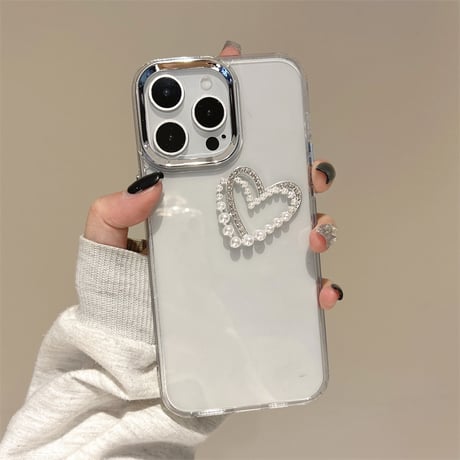 パールハートデコ クリアiPhone16/16eケース 黄ばまないiphone15pro/14/13/SE3カバー シンプル シック 人気[M5120]
