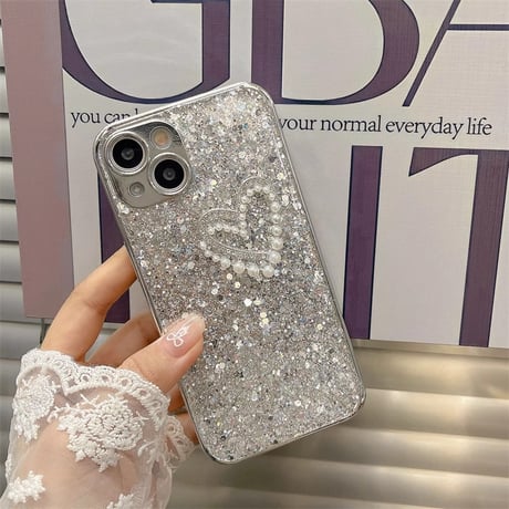 パールハート iPhone15/15Proケース  シェル風/グリッター入り iPhone14Pro/13promaxカバー 丈夫 高級感 お洒落[M4009]