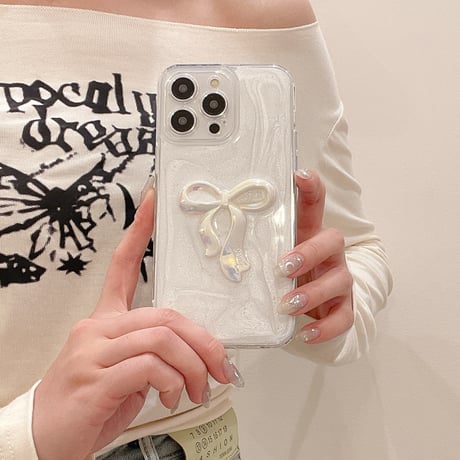 立体リボン iPhone15プロ/15カバー ホワイト アイフォン14pro/13promax/12ケース きれい 女子力アップ[M4315]
