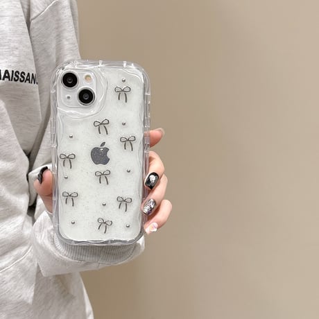 立体リボン iPhone15/16proケース うねうね ラメ入り iPhone14/13pro/12proケース キラキラクリアケース[M4436]