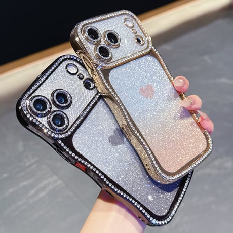 うねうねジュエリーライン iPhone17Pro/17ケース ハート柄 iPhone16/15ProMax/14ケース ラグジュアリー感 メタリックカラー レンズ保護[M6280]
