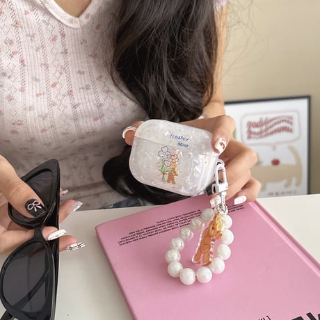 可愛いクマちゃん Airpods4ケース シェル柄 airpods3/2ケース AirpodsPro2/1カバー バックチャーム付き ギフトにおすすめ[M5420]